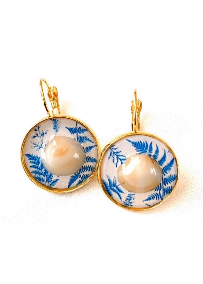 Blue Ferns Seashell Earrings