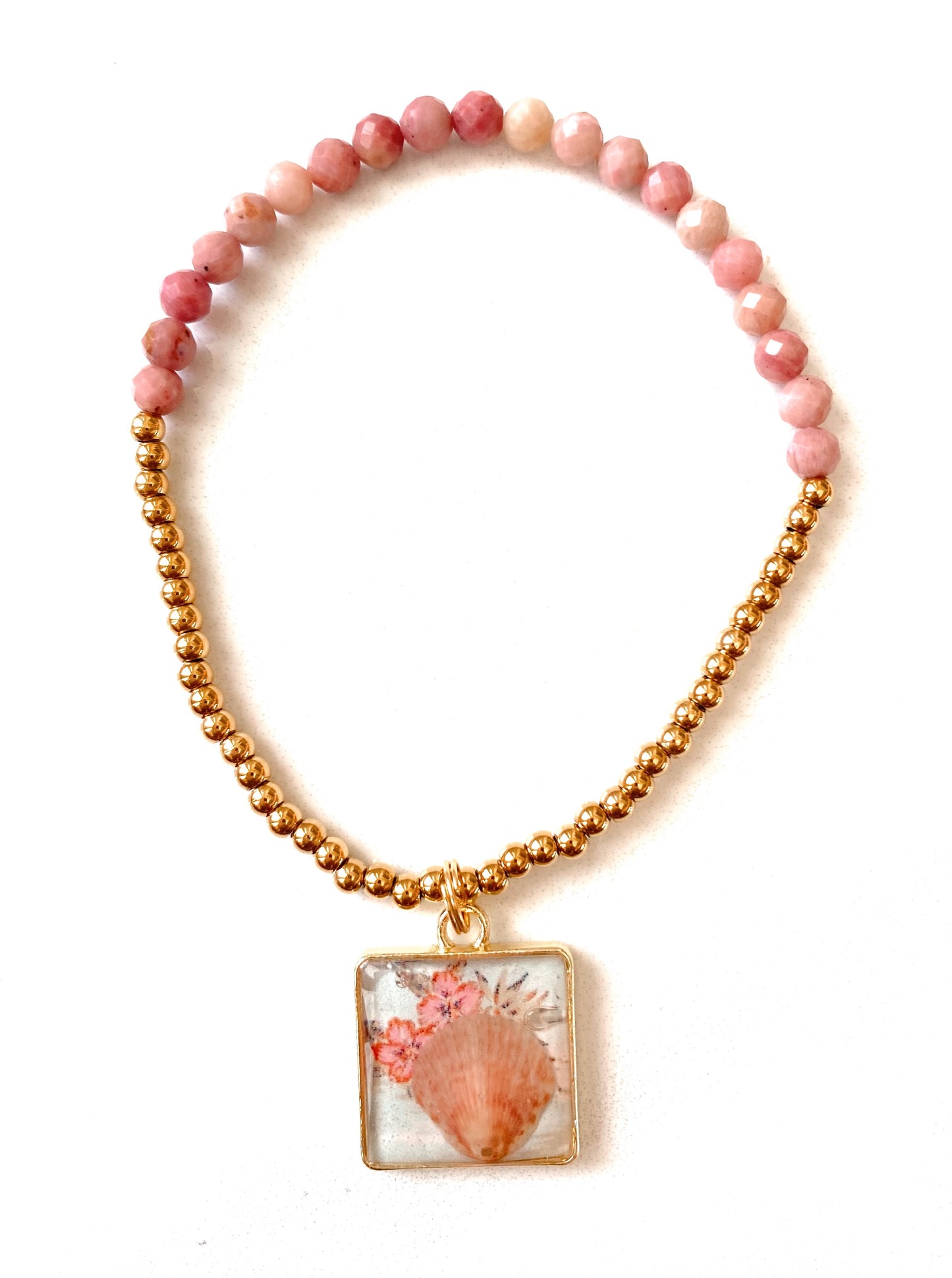 Rose Quartz Square Seashell Beaded Bracelet