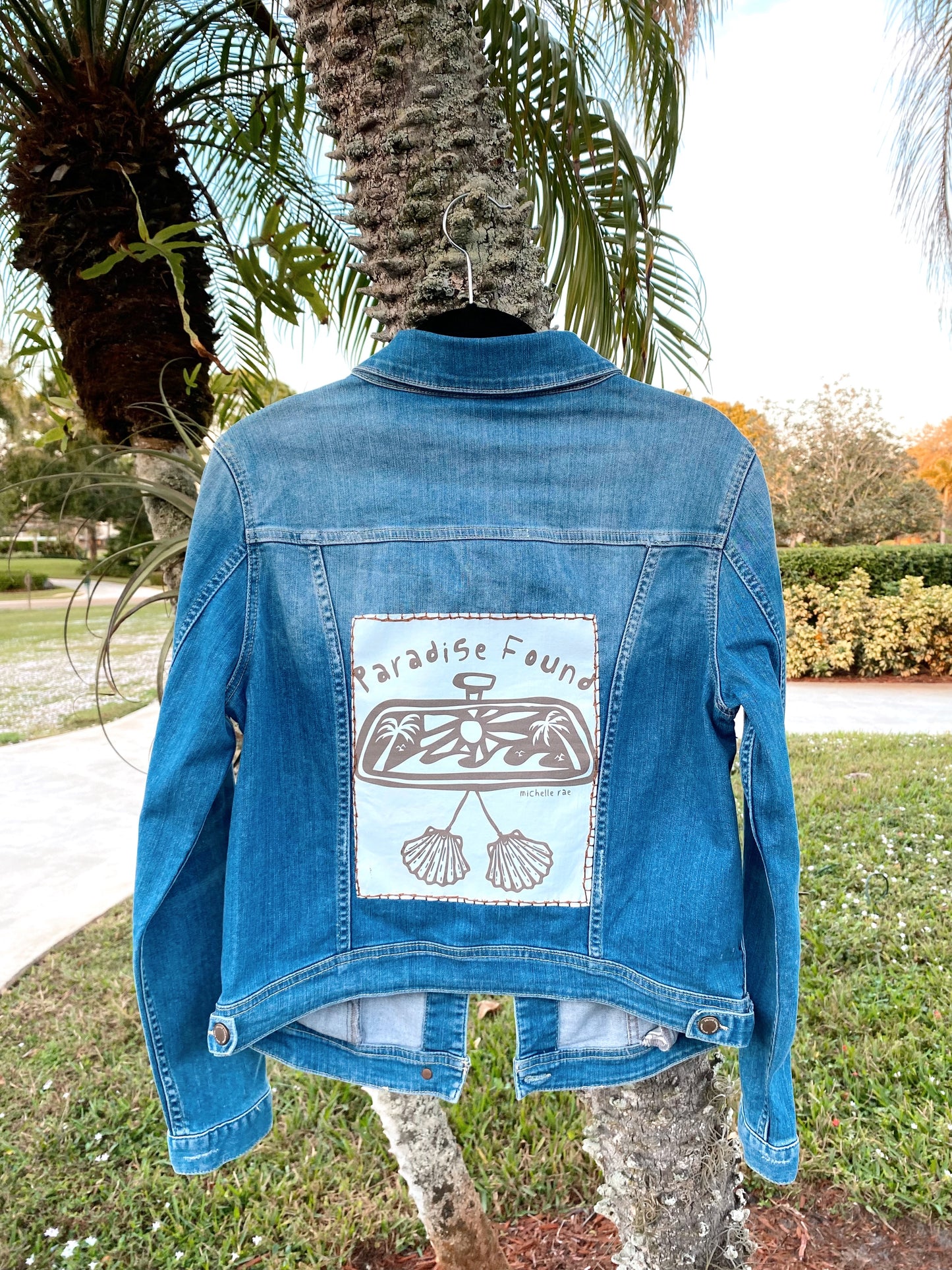 Hand Embroidered Paradise Found Rear View Mirror Coastal Denim Jacket