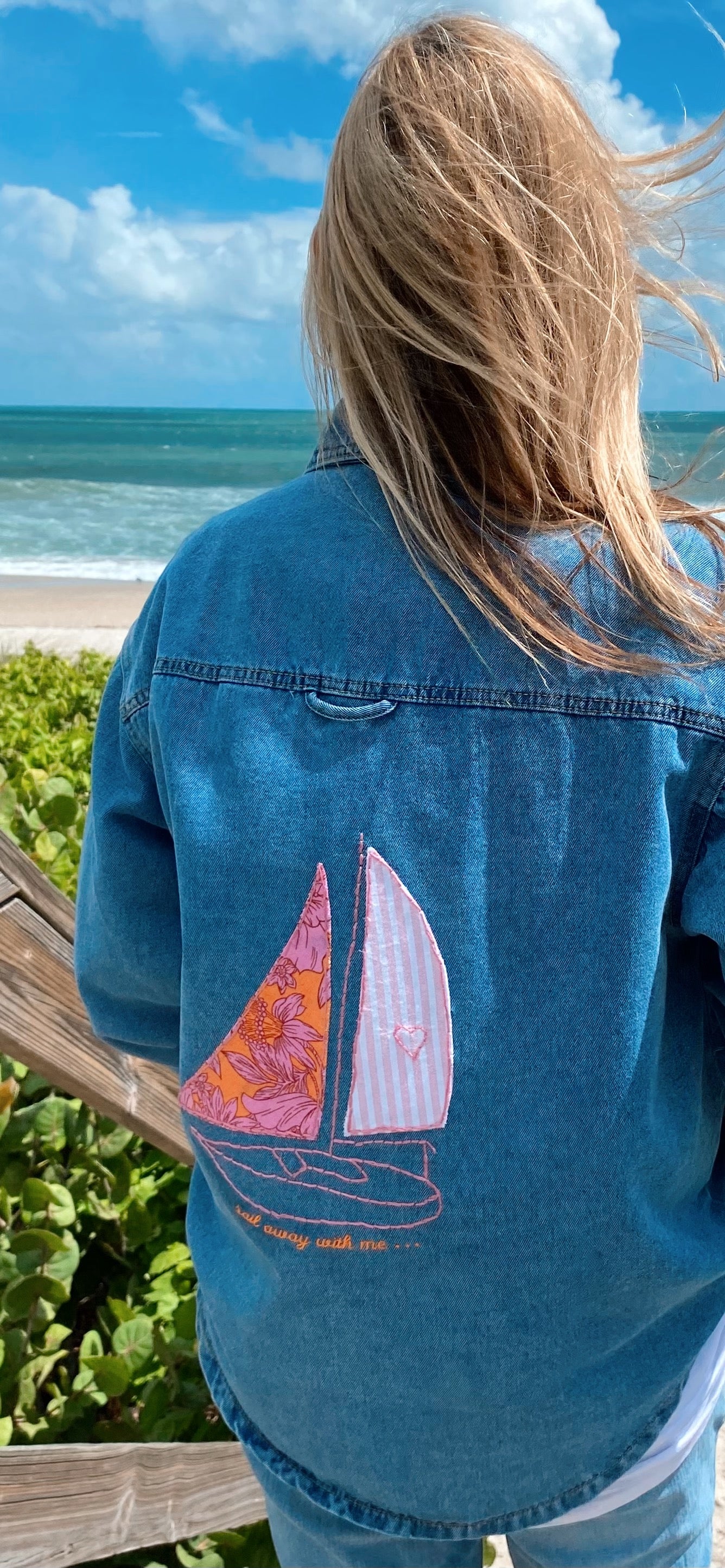 Hand Embroidered Sail Away With Me Denim Shacket | Coastal Boho Fashion