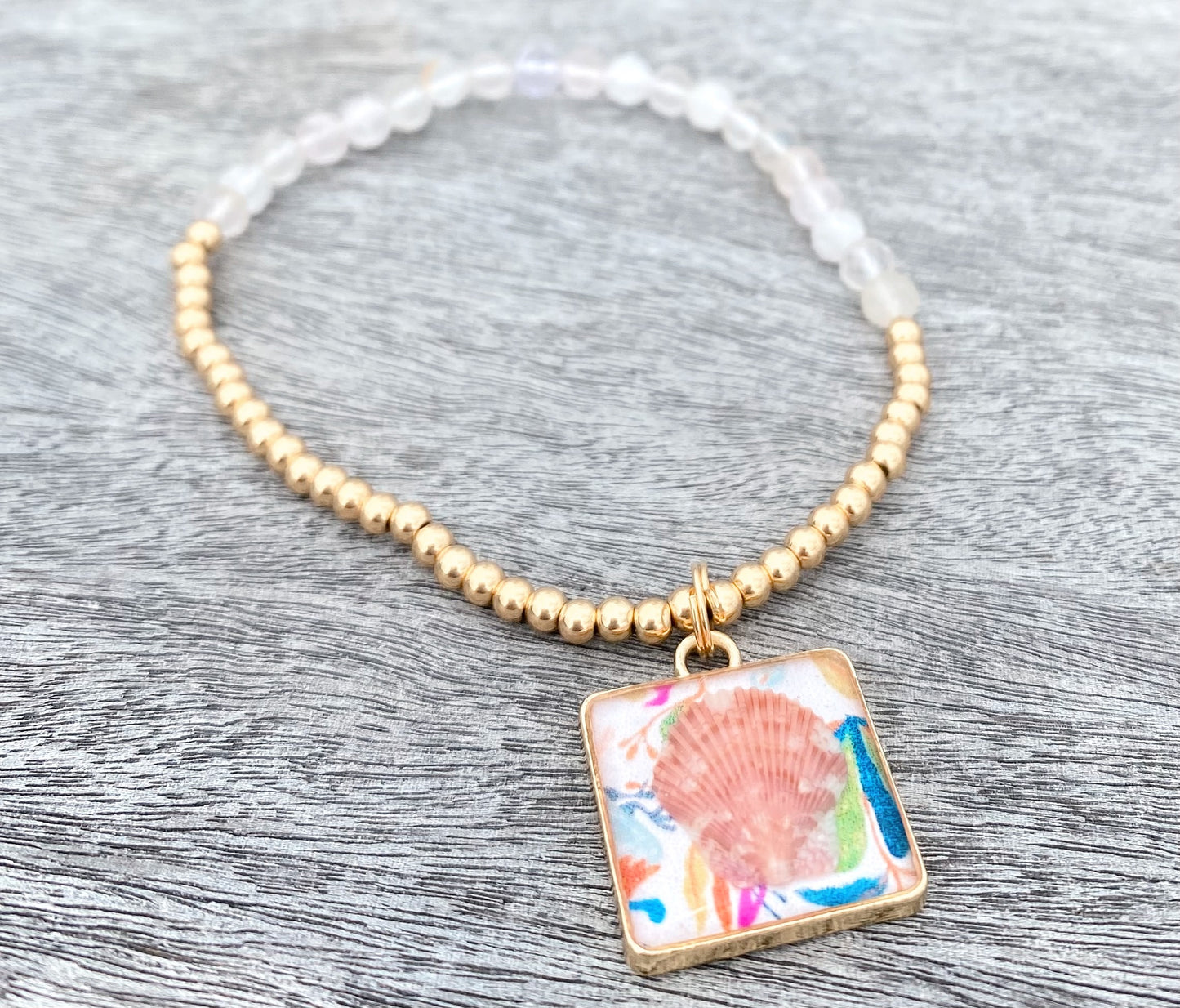 Moonstone Square Seashell Beaded Bracelet