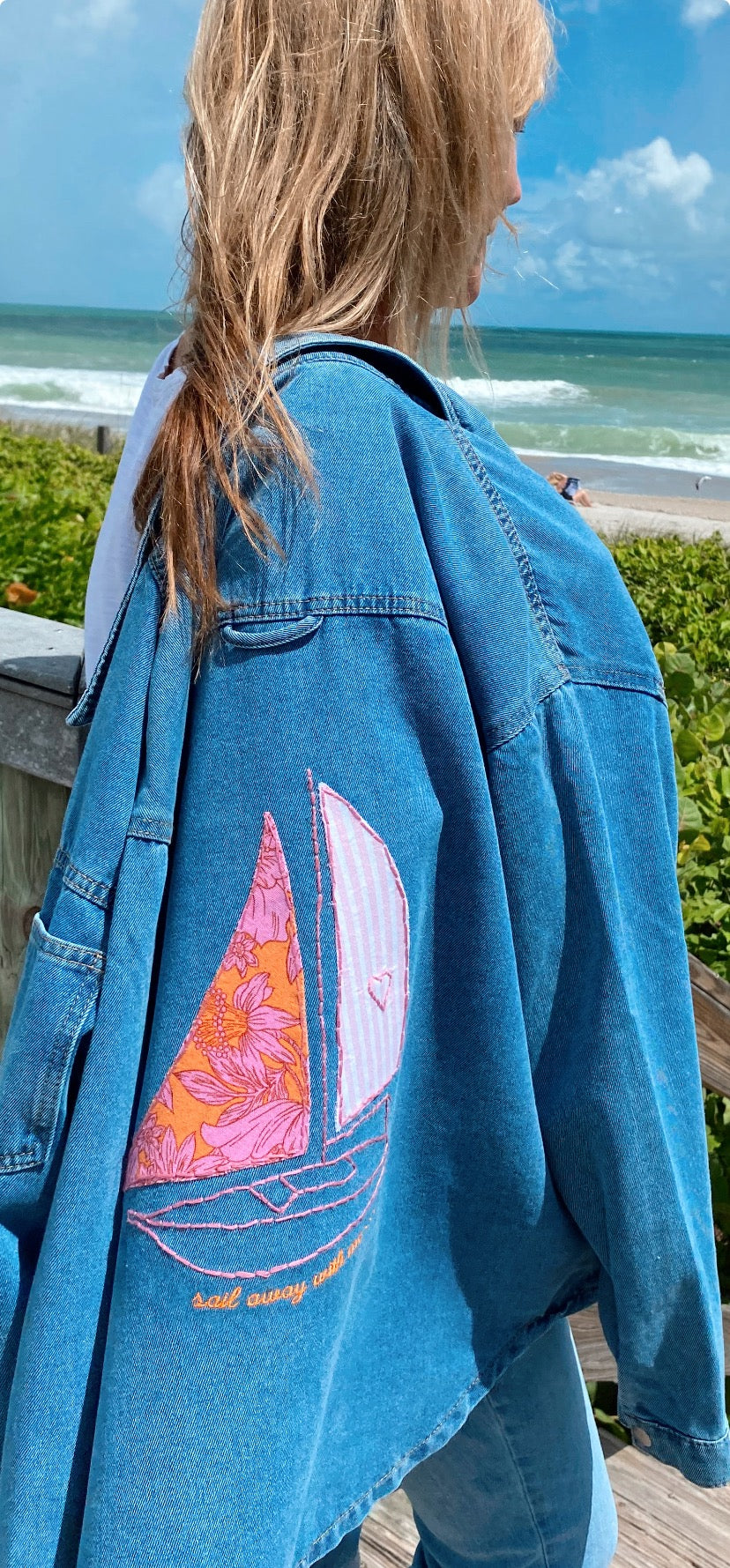 Hand Embroidered Sail Away With Me Denim Shacket | Coastal Boho Fashion
