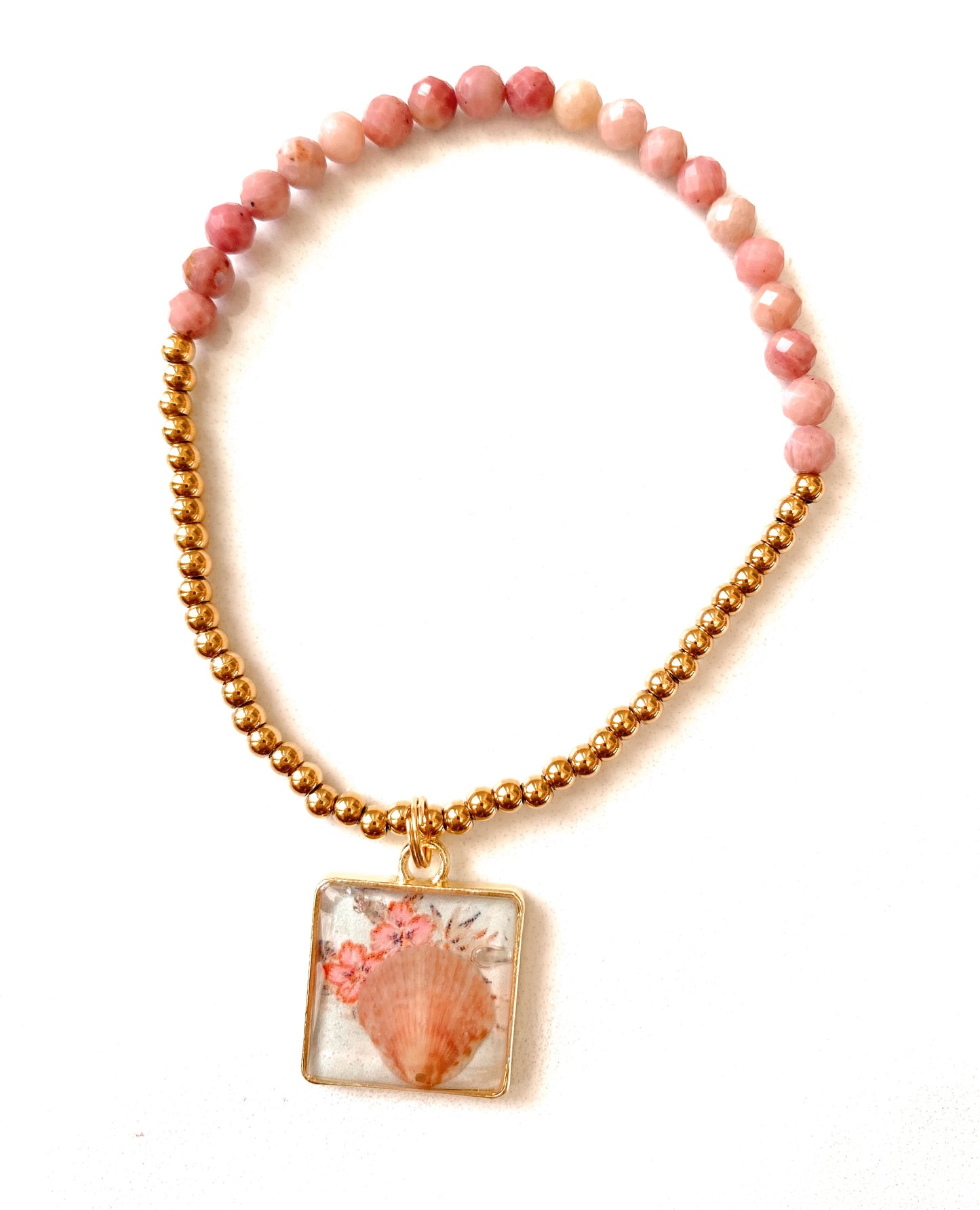 Rose Quartz Square Seashell Beaded Bracelet