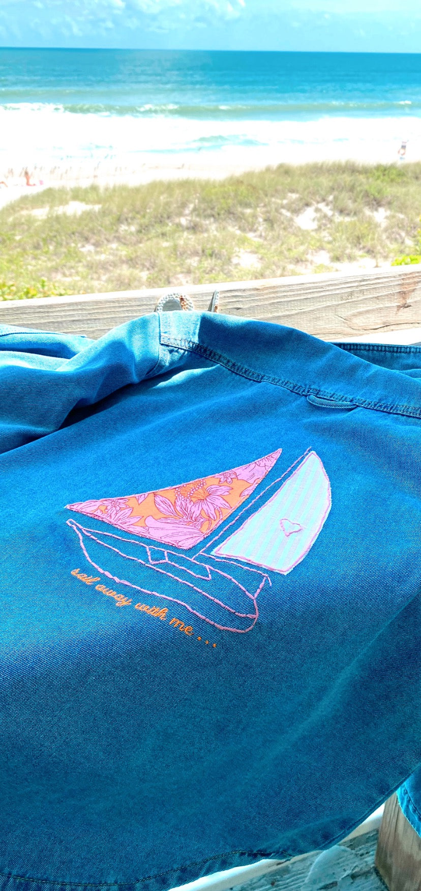 Hand Embroidered Sail Away With Me Denim Shacket | Coastal Boho Fashion