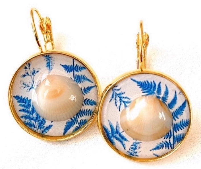 Blue Ferns Seashell Earrings