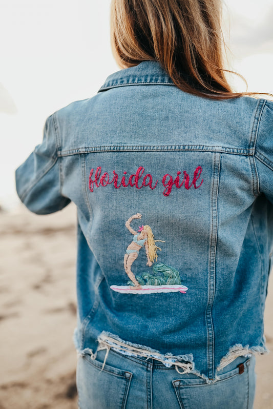 Hand Embroidered Florida Girl Denim Jacket – Coastal Style for Sunshine Lovers