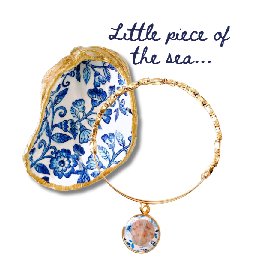 Beach Inspired Gift Set – Oyster Ring Dish & Seashell Charm Bangle Bracelet | Coastal Jewelry Gift for Ocean Lovers