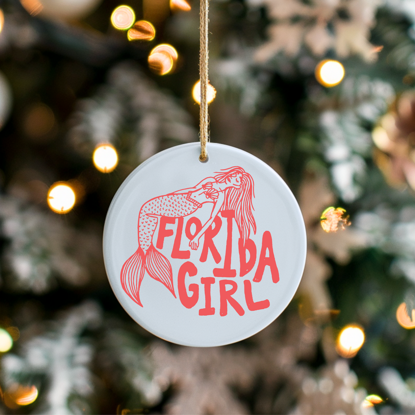 Red Florida Girl Mermaid Ceramic Round Ornament