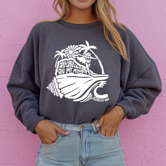 Seashells On My Mind Dark Heather Crewneck Sweatshirt – Coastal Graphic Pullover for Women