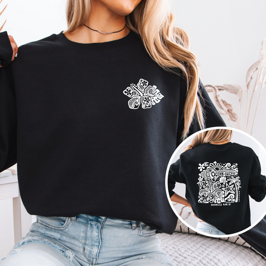 Hibiscus Ocean Child Black / Dark Heather Crewneck Sweatshirt – Coastal Graphic Pullover for Women