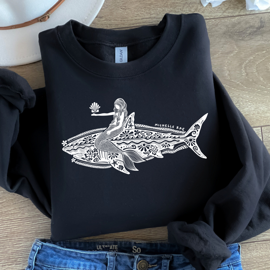 Mermaid Shark Black Crewneck Sweatshirt – Coastal Graphic Pullover for Women