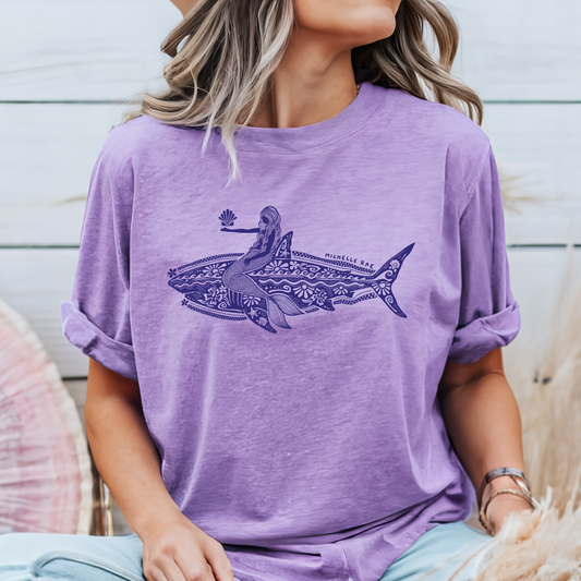 Mermaid Shark Orchid Tee – Fun Coastal Graphic T-Shirt for Women