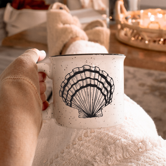 Seashell Ceramic Mug – Speckled Cream 13oz Coastal Coffee Cup