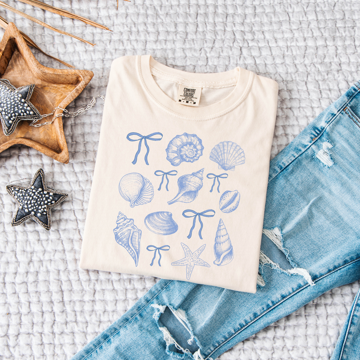 Coquette Seashell Beach Ivory Tee – Coastal Graphic T-Shirt for Women