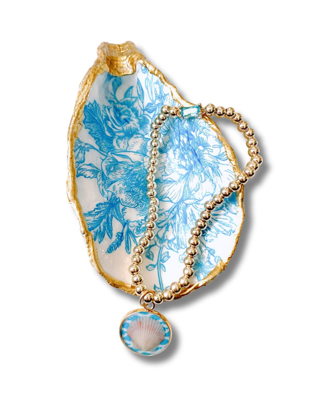 Beach Inspired Gift Set – Blue Toile Oyster Jewelry Dish & 14k Gold Plated Beaded Seashell Charm Bracelet with Rhinestone
