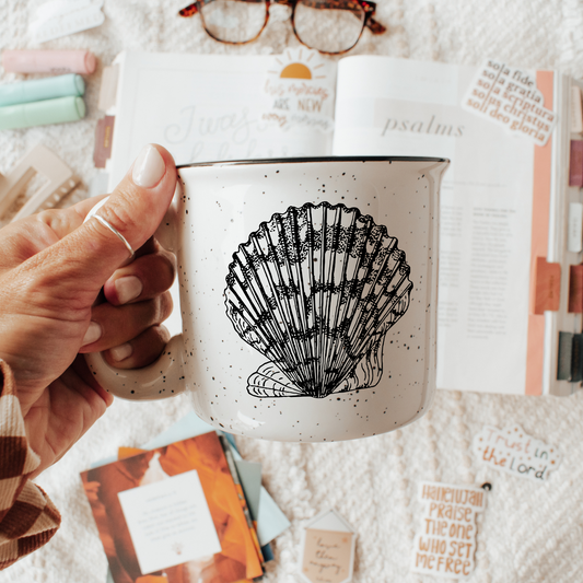 Seashell Ceramic Mug – Speckled Cream 13oz Coastal Coffee Cup