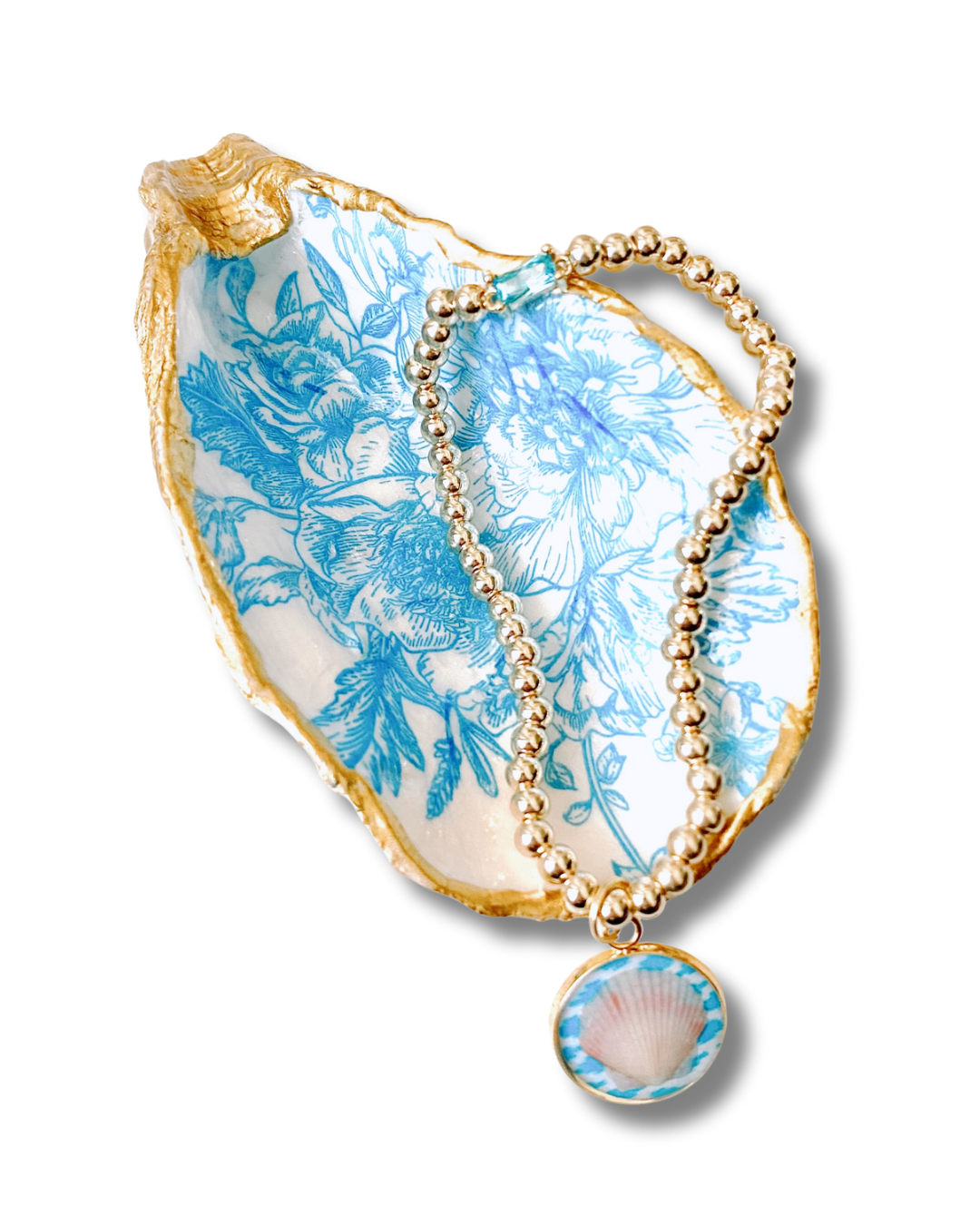 Beach Inspired Gift Set – Blue Toile Oyster Jewelry Dish & 14k Gold Plated Beaded Seashell Charm Bracelet with Rhinestone