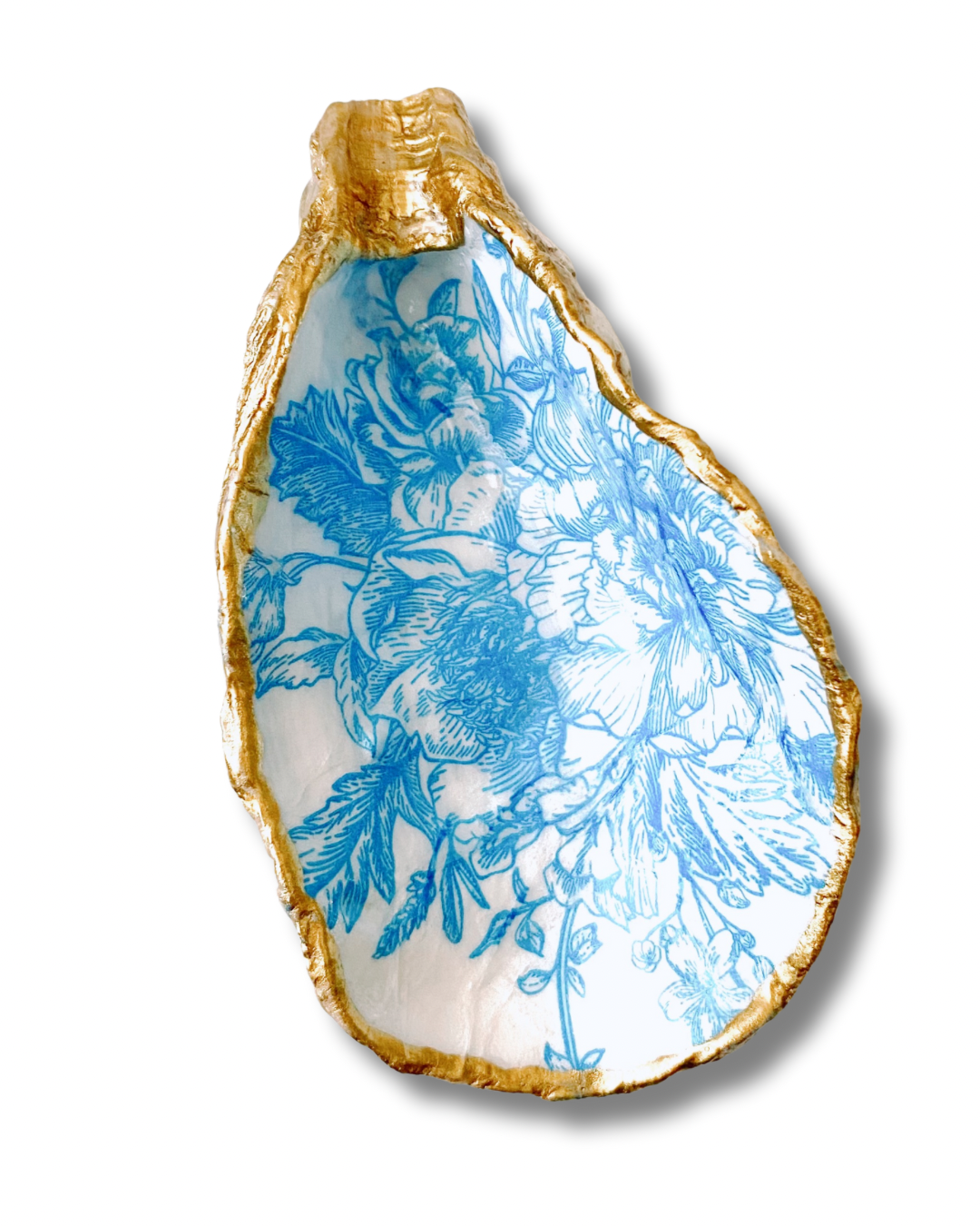 Beach Inspired Gift Set – Blue Toile Oyster Jewelry Dish & 14k Gold Plated Beaded Seashell Charm Bracelet with Rhinestone