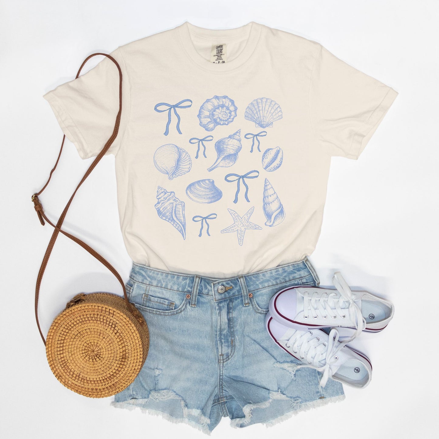 Coquette Seashell Beach Ivory Tee – Coastal Graphic T-Shirt for Women