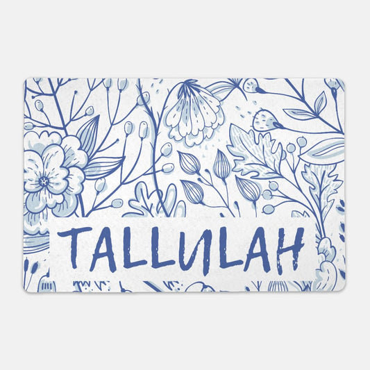 Personalized Blue Floral Pet Bowl Mat