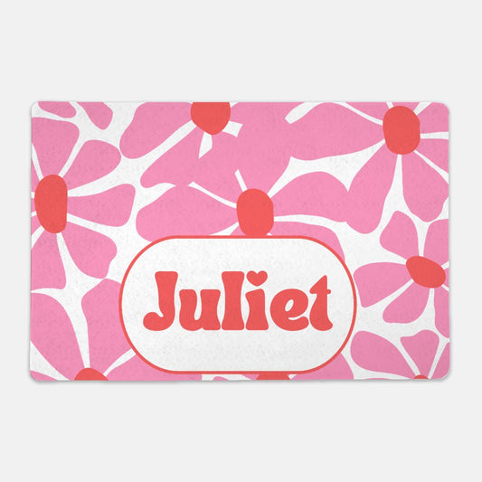 Personalized Pink and Red Floral Pet Bowl Mat