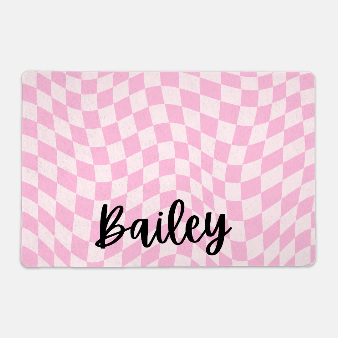 Personalized Pink Checkered Pet Bowl Mat