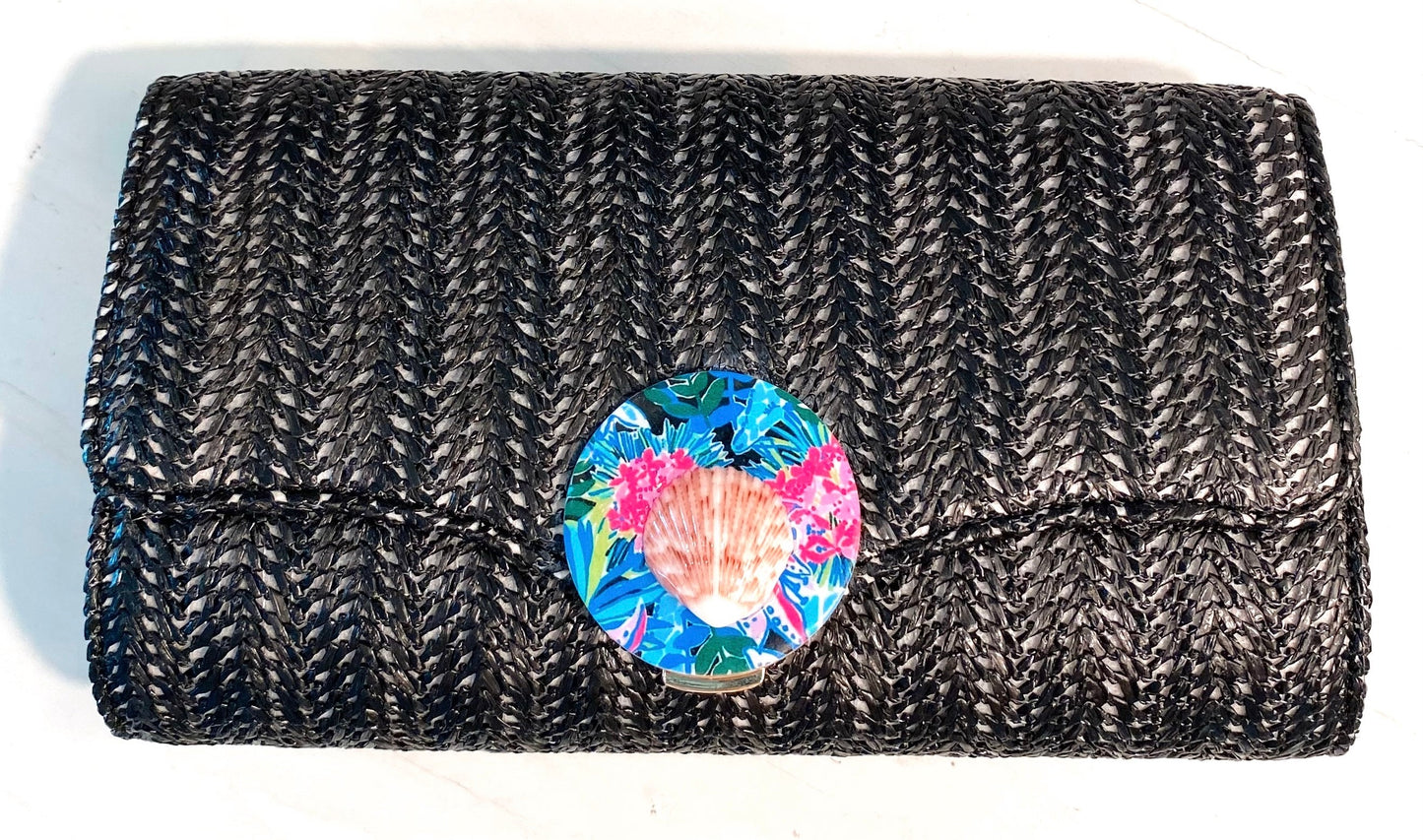 Black Seashell Floral Clutch