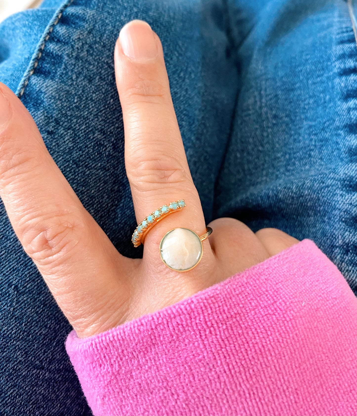 Seafoam Wrap Seashell Ring with Aqua Stone Band – Turquoise