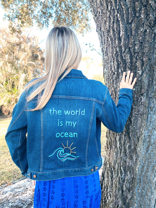 The World Is My Ocean — Hand-Embroidered Denim Jacket