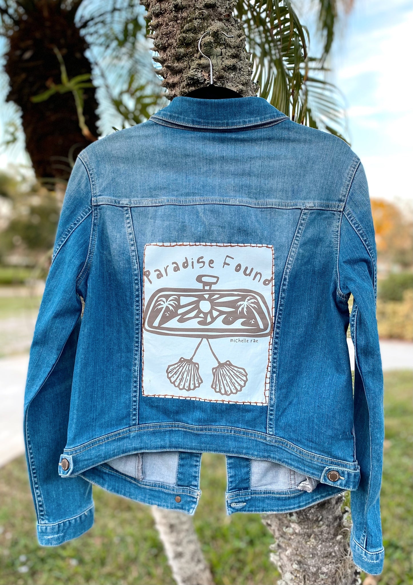 Hand Embroidered Paradise Found Rear View Mirror Coastal Denim Jacket