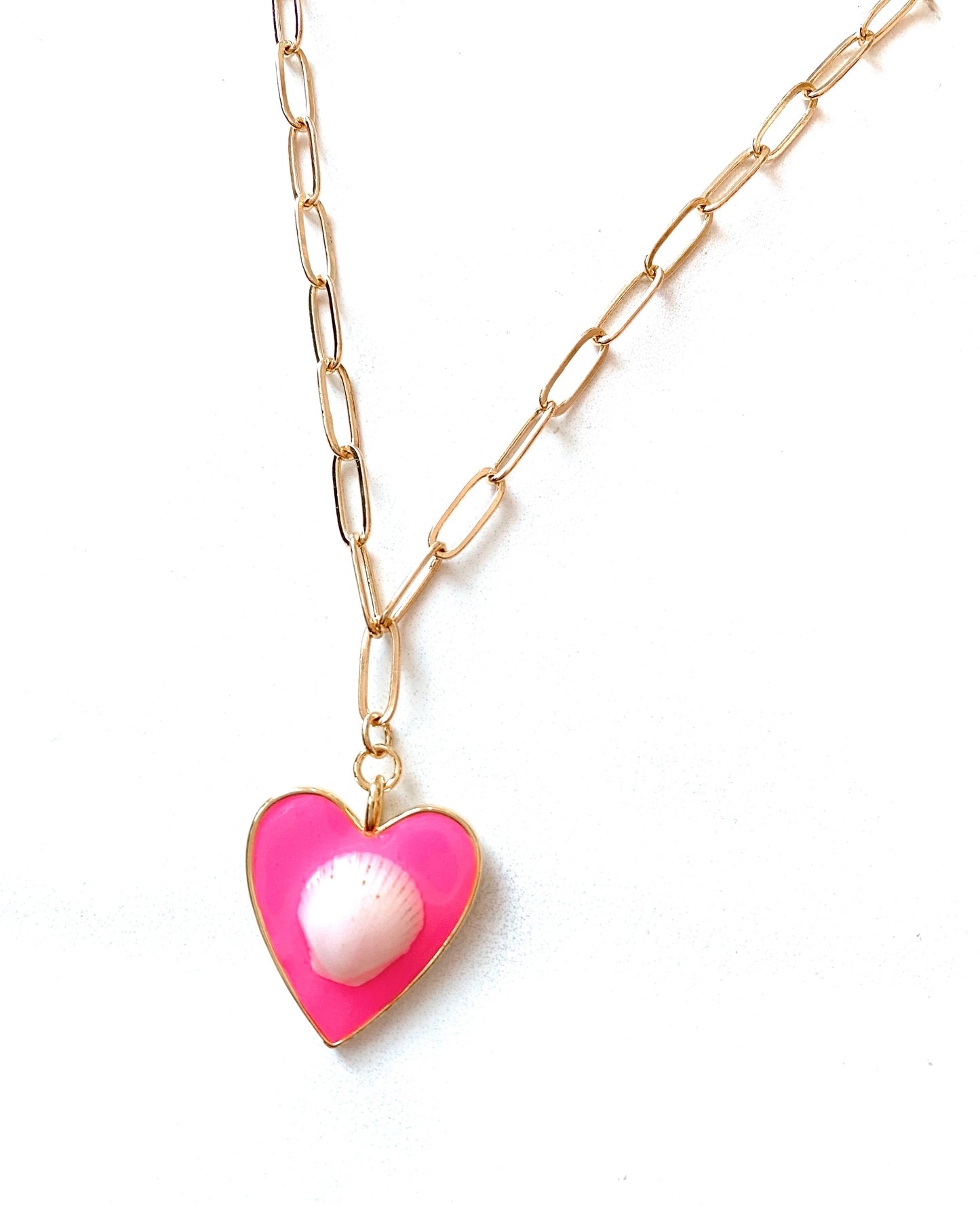 Hot Pink Heart Seashell Paperclip Necklace