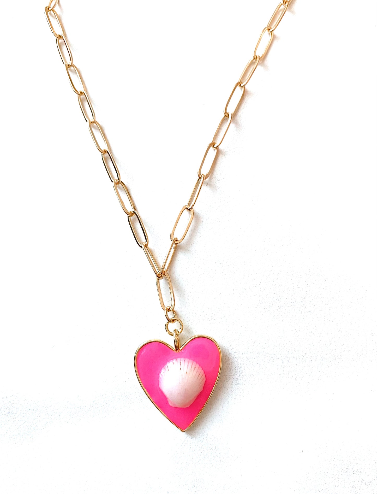 Hot Pink Heart Seashell Paperclip Necklace