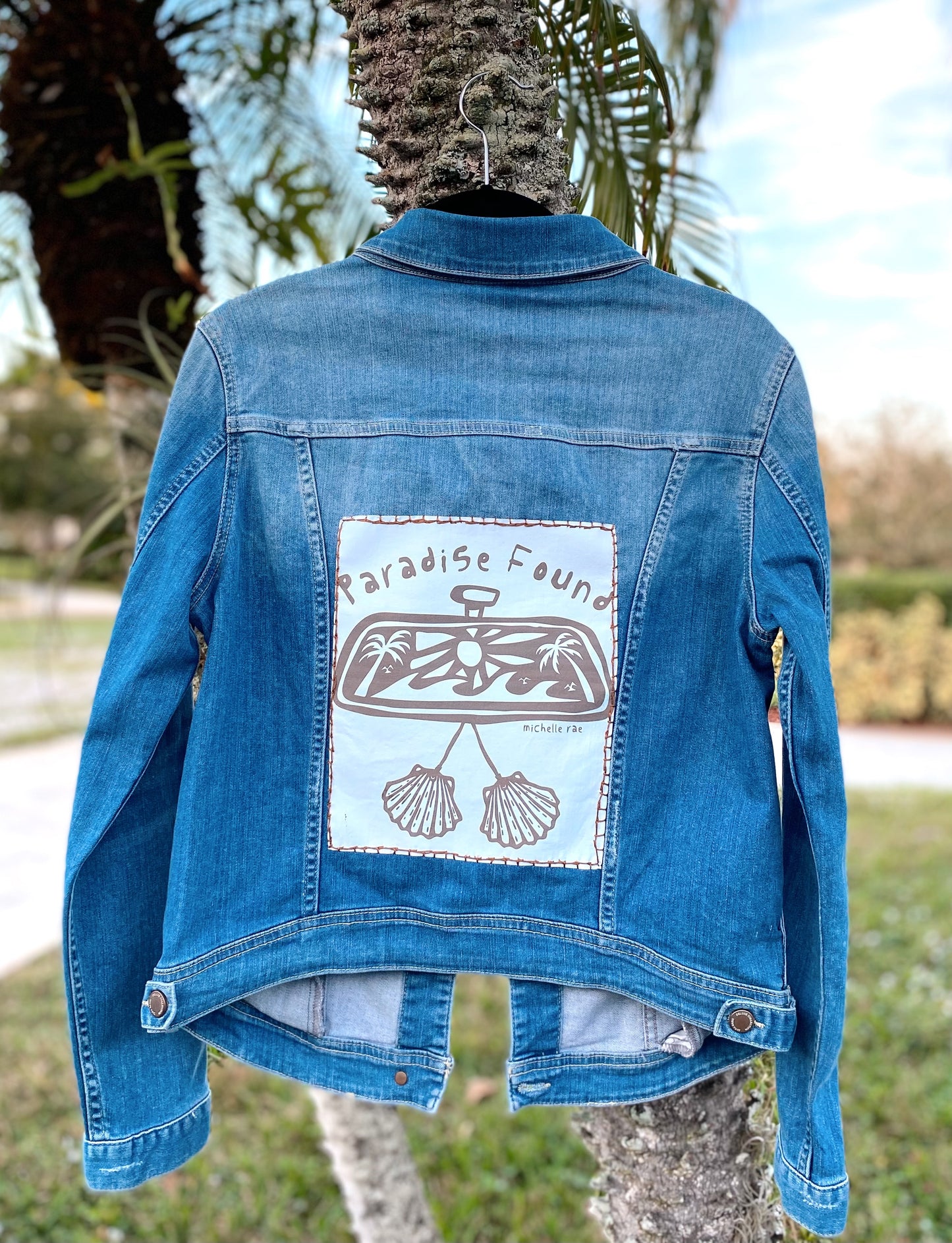 Hand Embroidered Paradise Found Rear View Mirror Coastal Denim Jacket