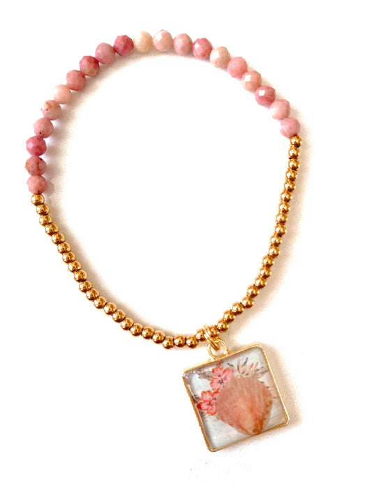 Rose Quartz Square Seashell Beaded Bracelet