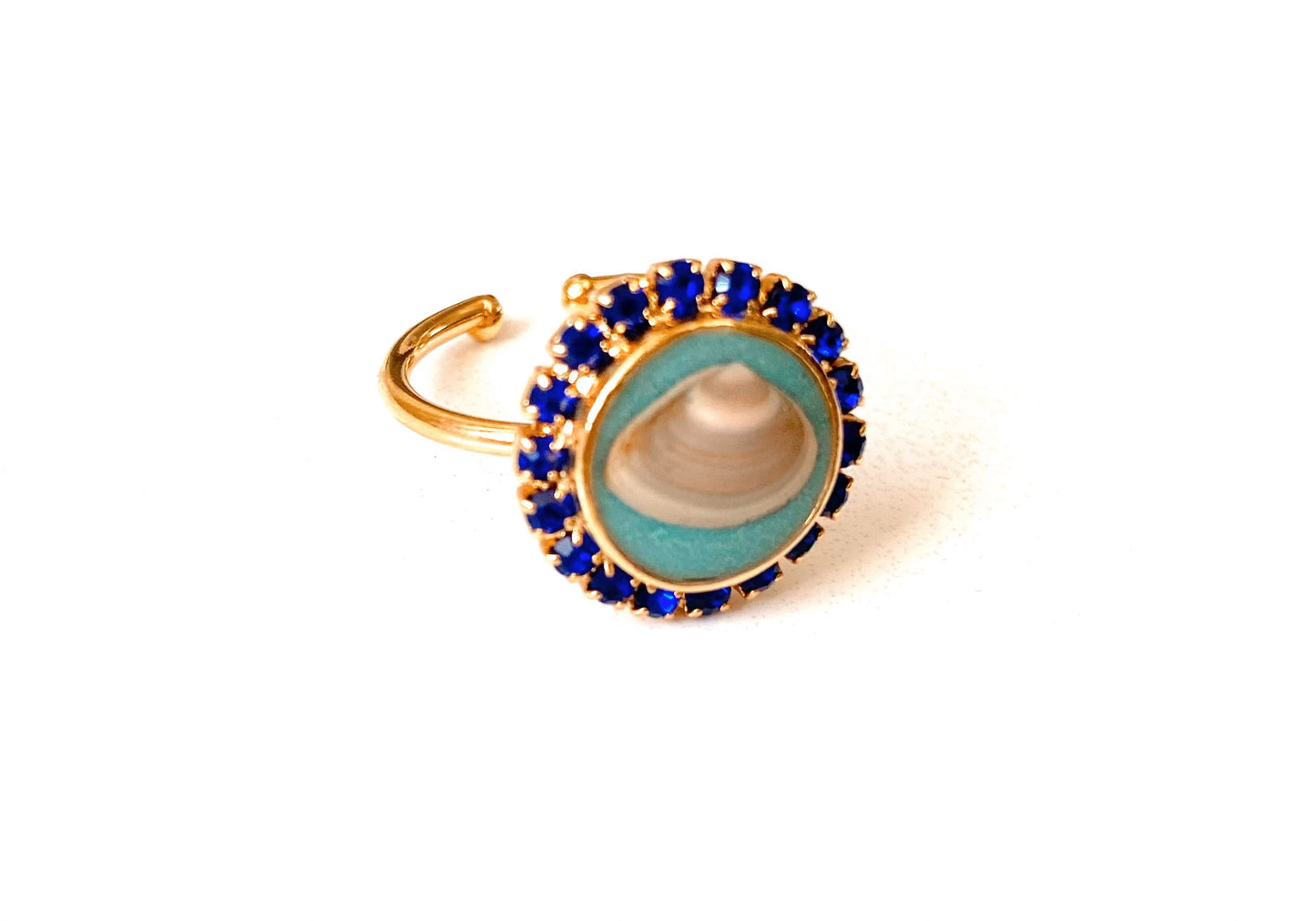 Blue Tides Heirloom Seashell Ring with Sapphire Blue Halo – Turquoise