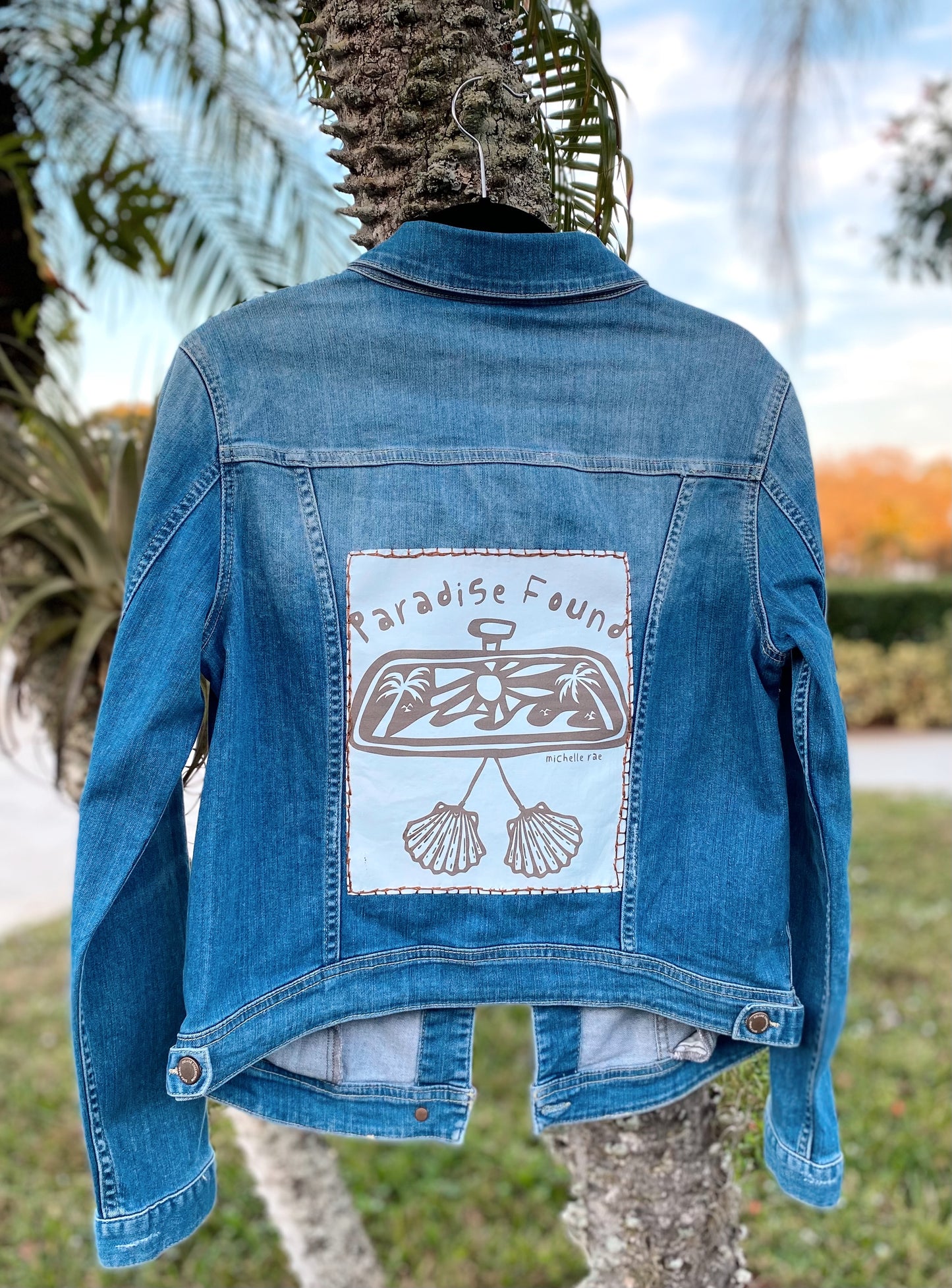 Hand Embroidered Paradise Found Rear View Mirror Coastal Denim Jacket