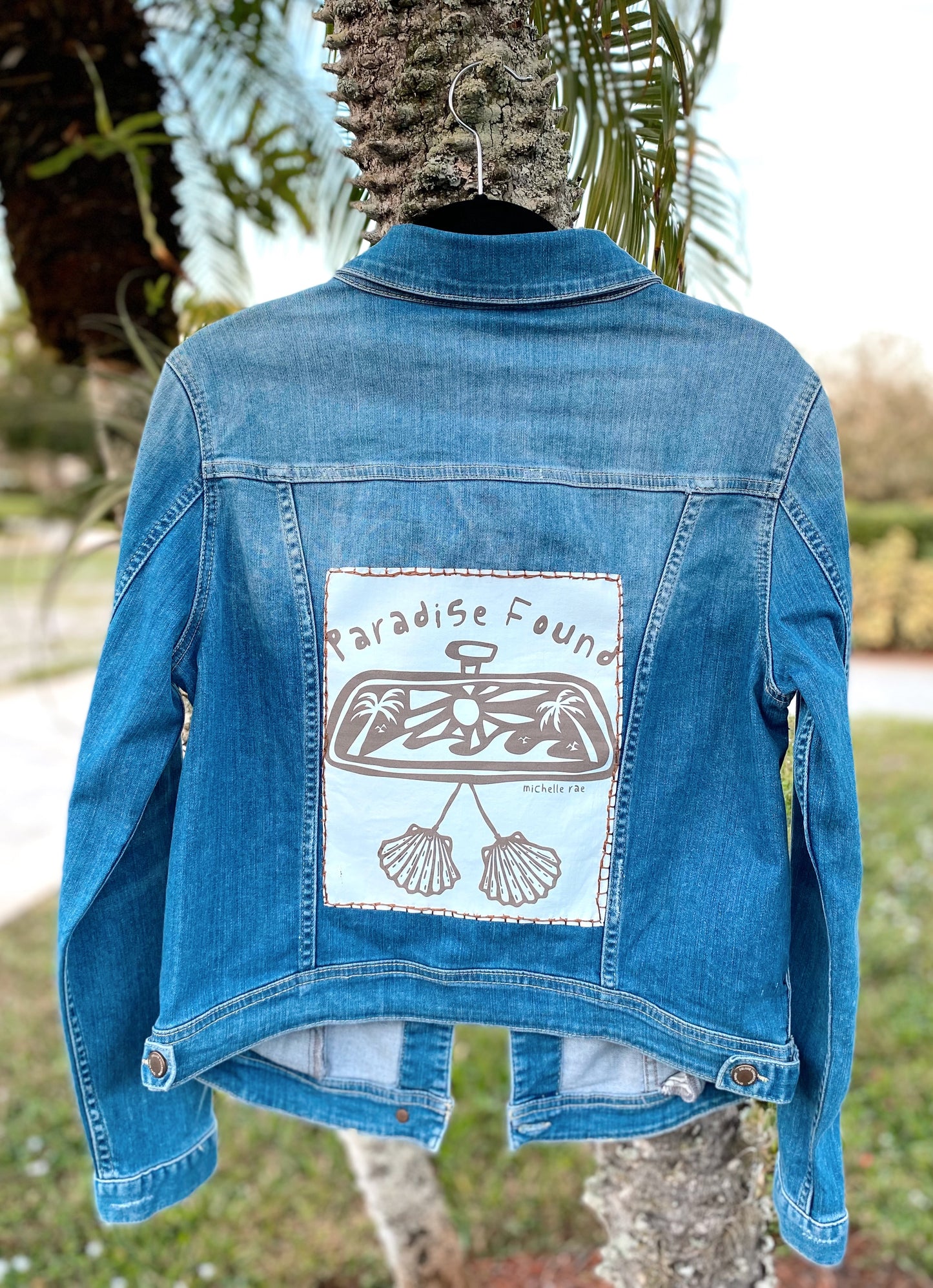 Hand Embroidered Paradise Found Rear View Mirror Coastal Denim Jacket