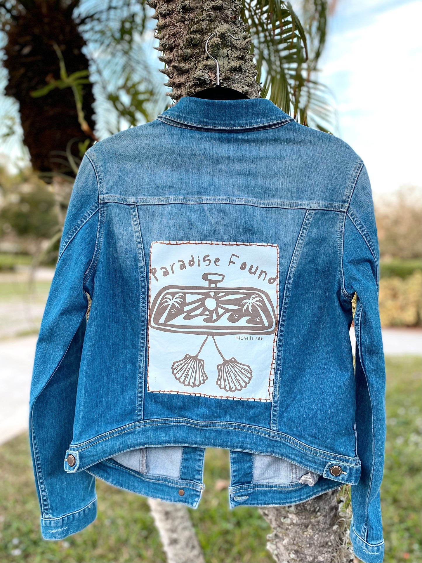 Hand Embroidered Paradise Found Rear View Mirror Coastal Denim Jacket