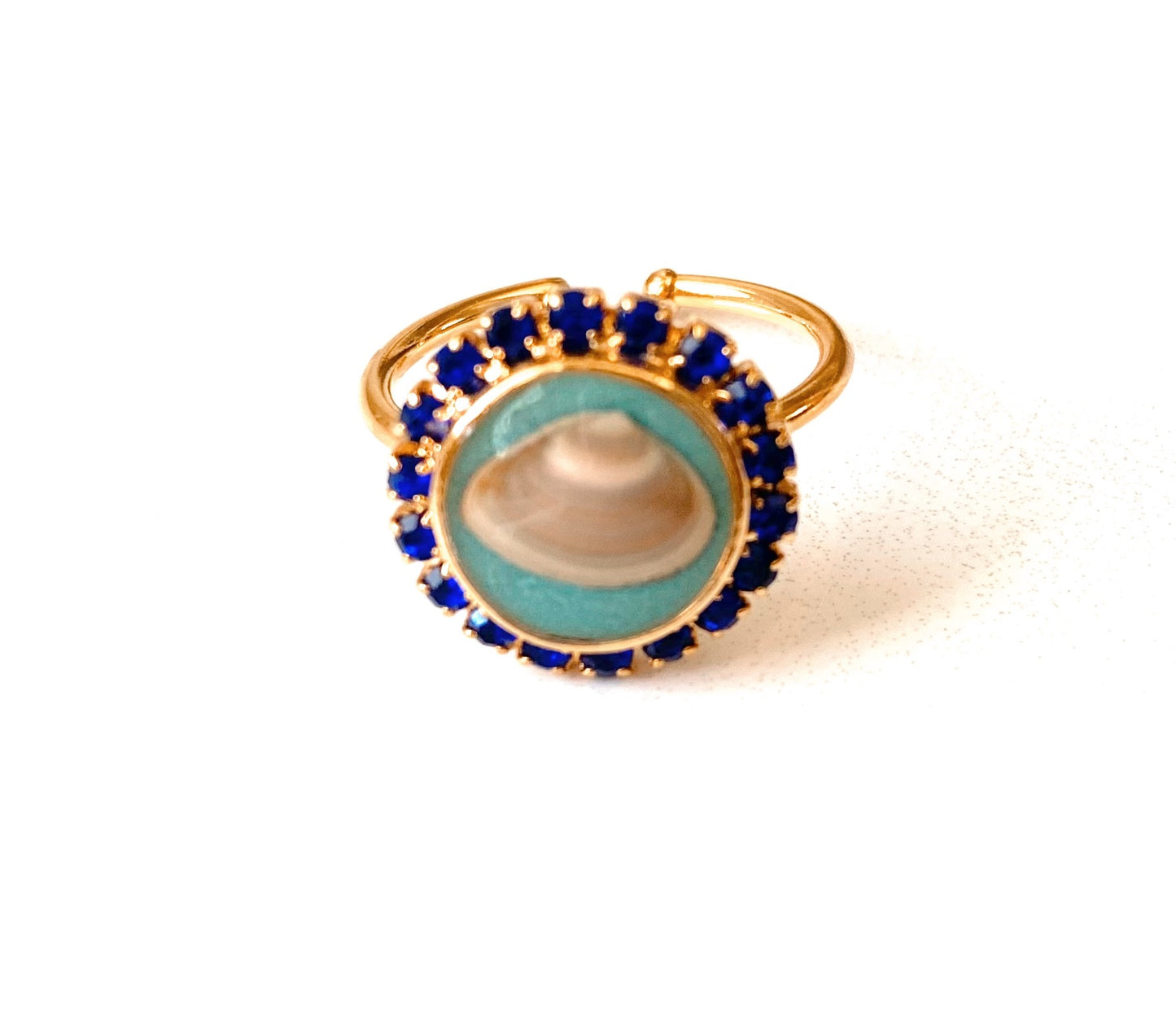 Blue Tides Heirloom Seashell Ring with Sapphire Blue Halo – Turquoise
