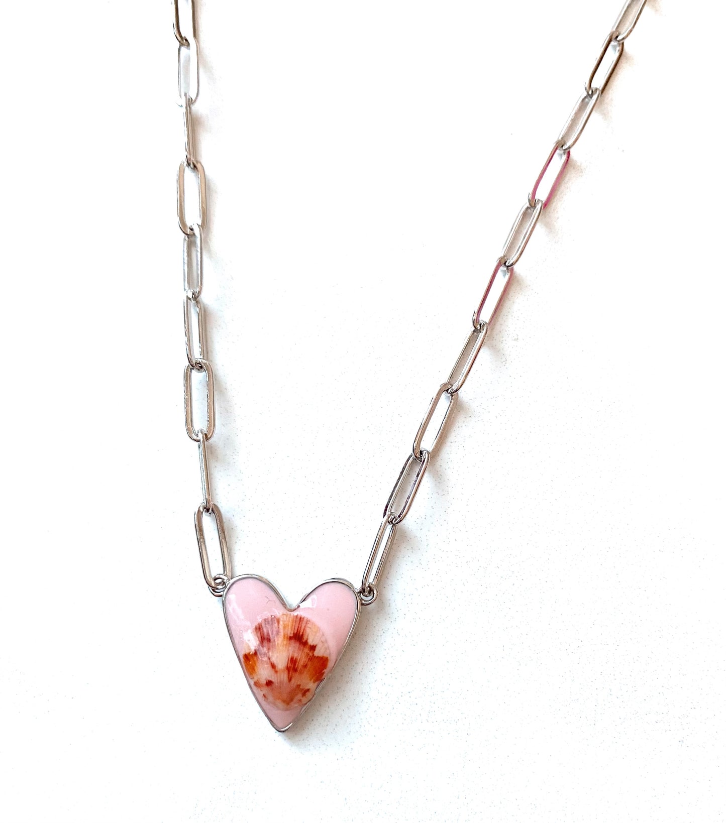 Light Pink Heart Seashell Paperclip Necklace