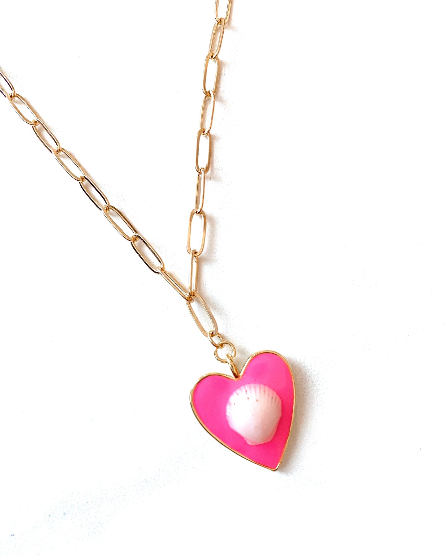 Hot Pink Heart Seashell Paperclip Necklace