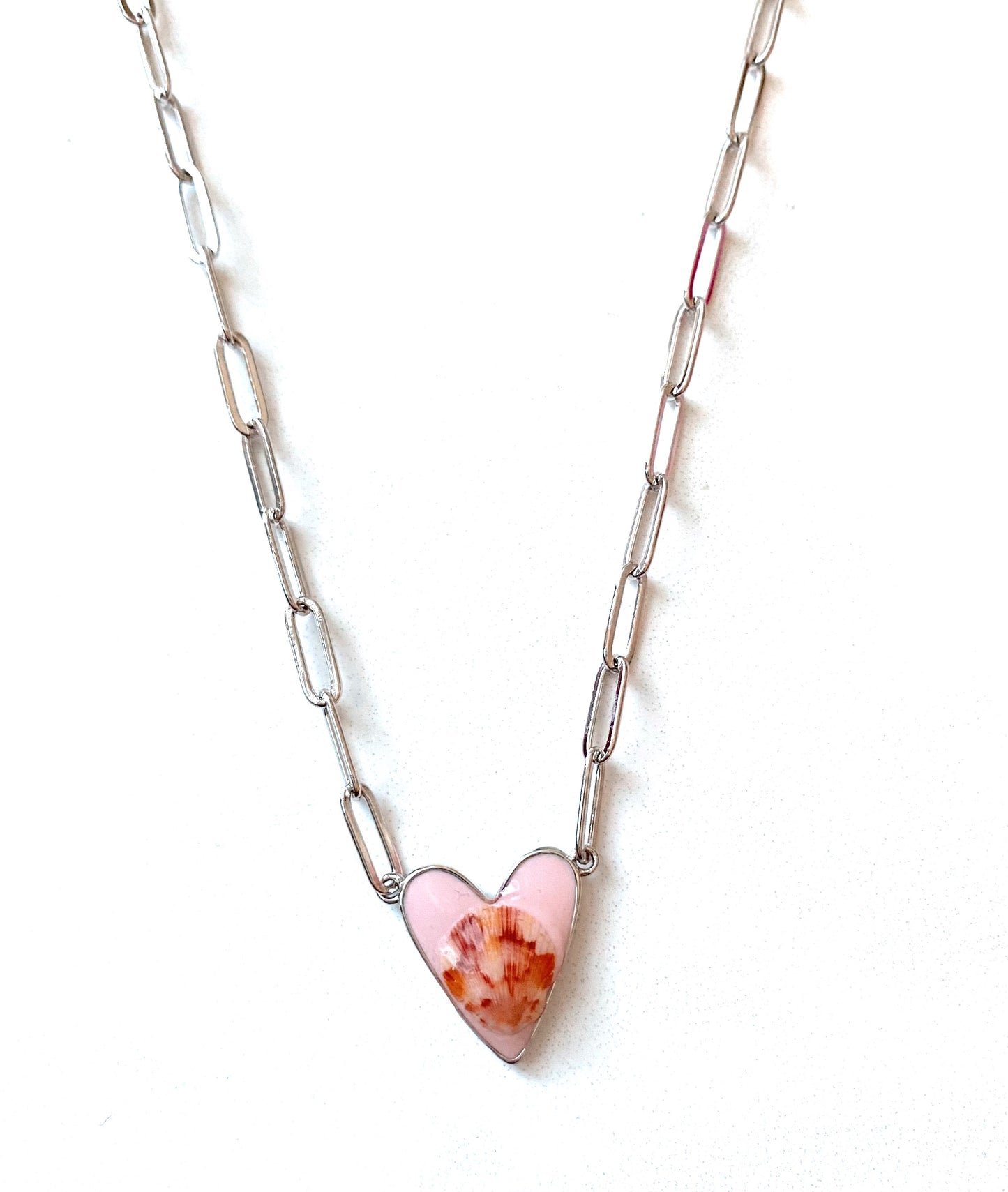 Light Pink Heart Seashell Paperclip Necklace