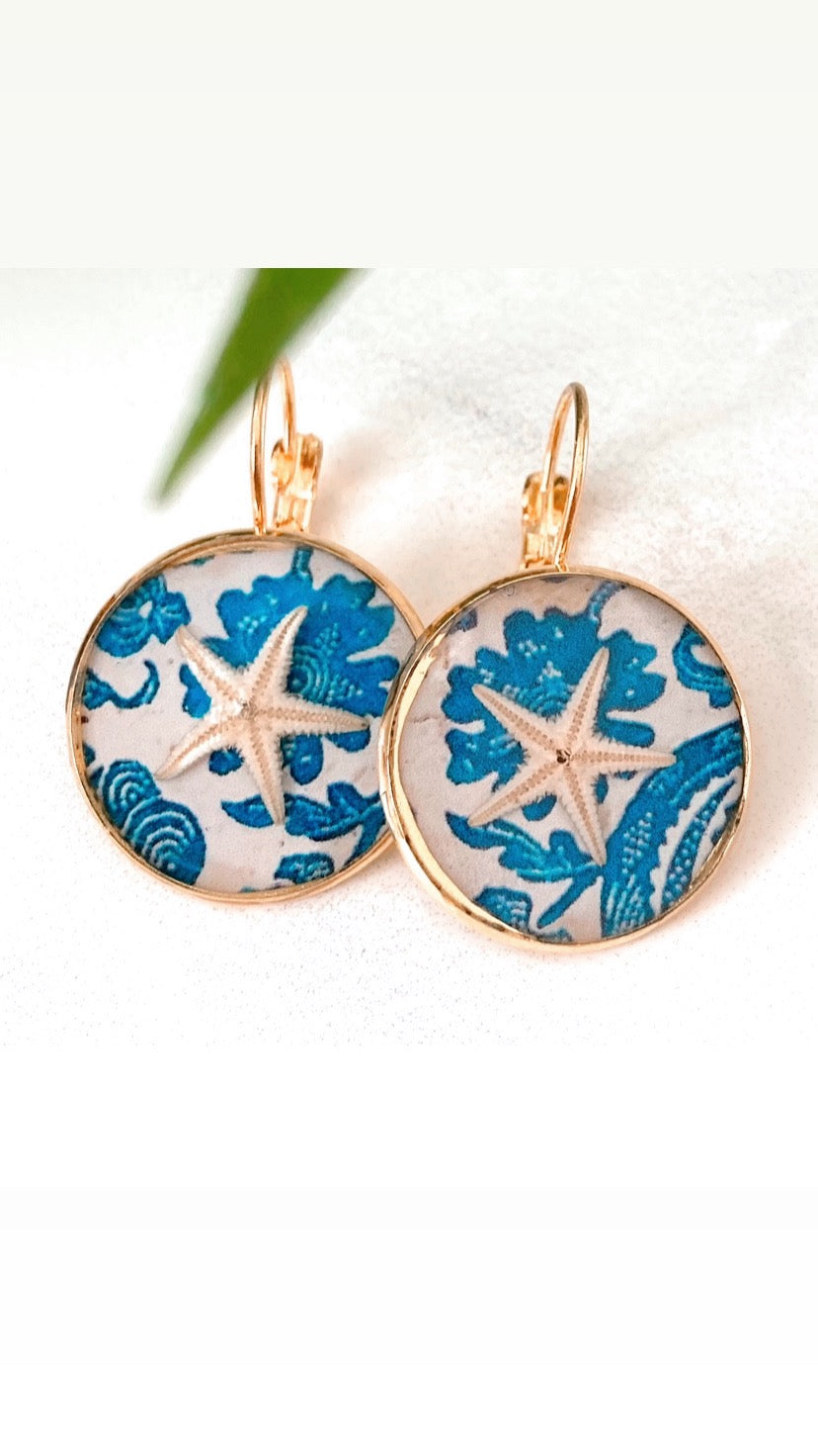 Blue Floral Starfish Earrings