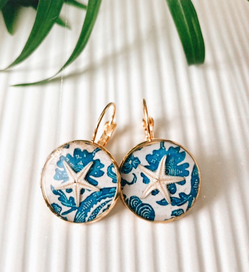 Blue Floral Starfish Earrings