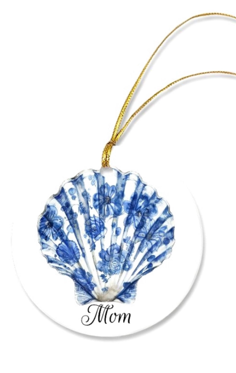 Personalized Blue and White Seashell Ceramic Round Ornament