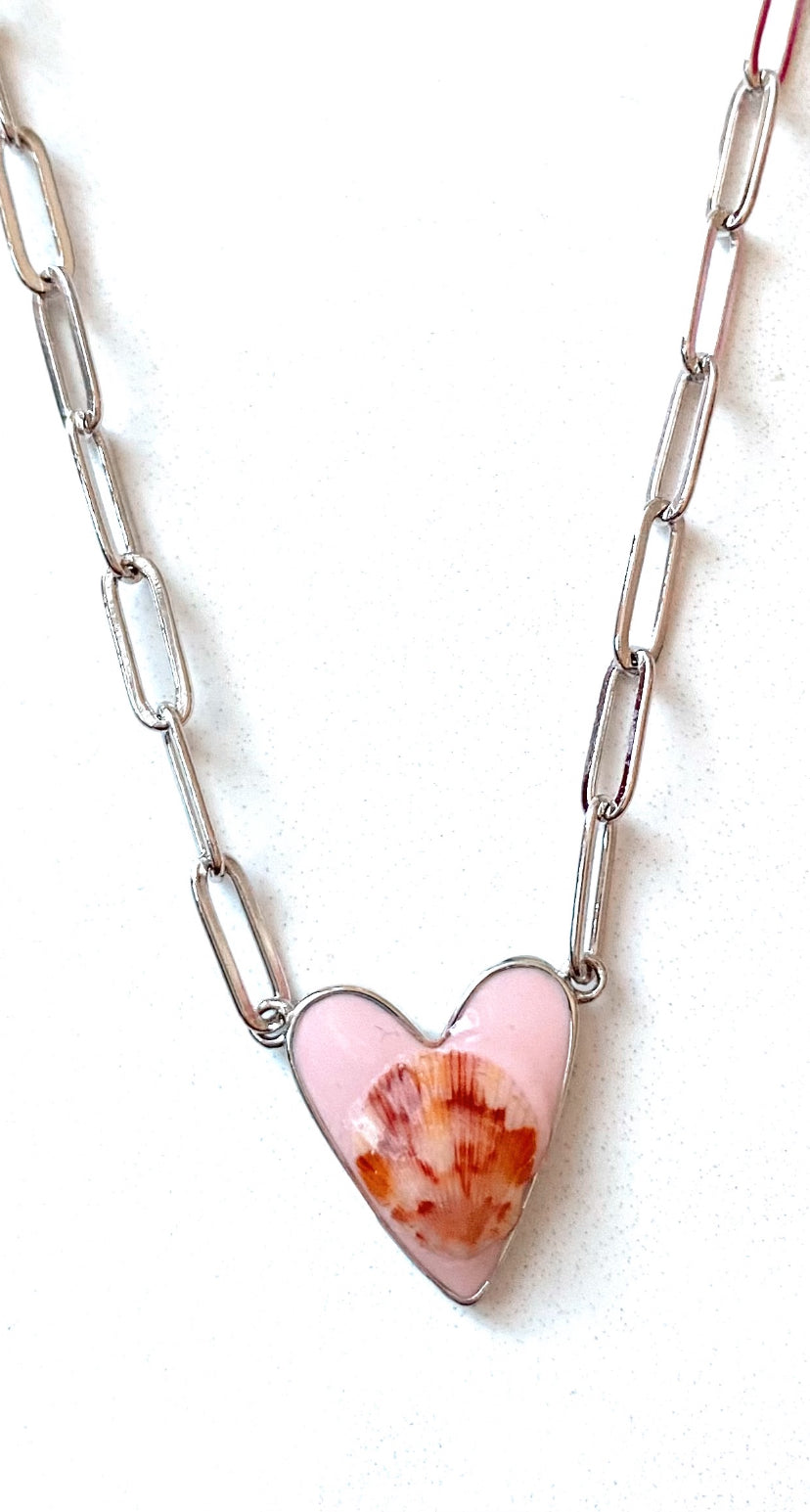 Light Pink Heart Seashell Paperclip Necklace