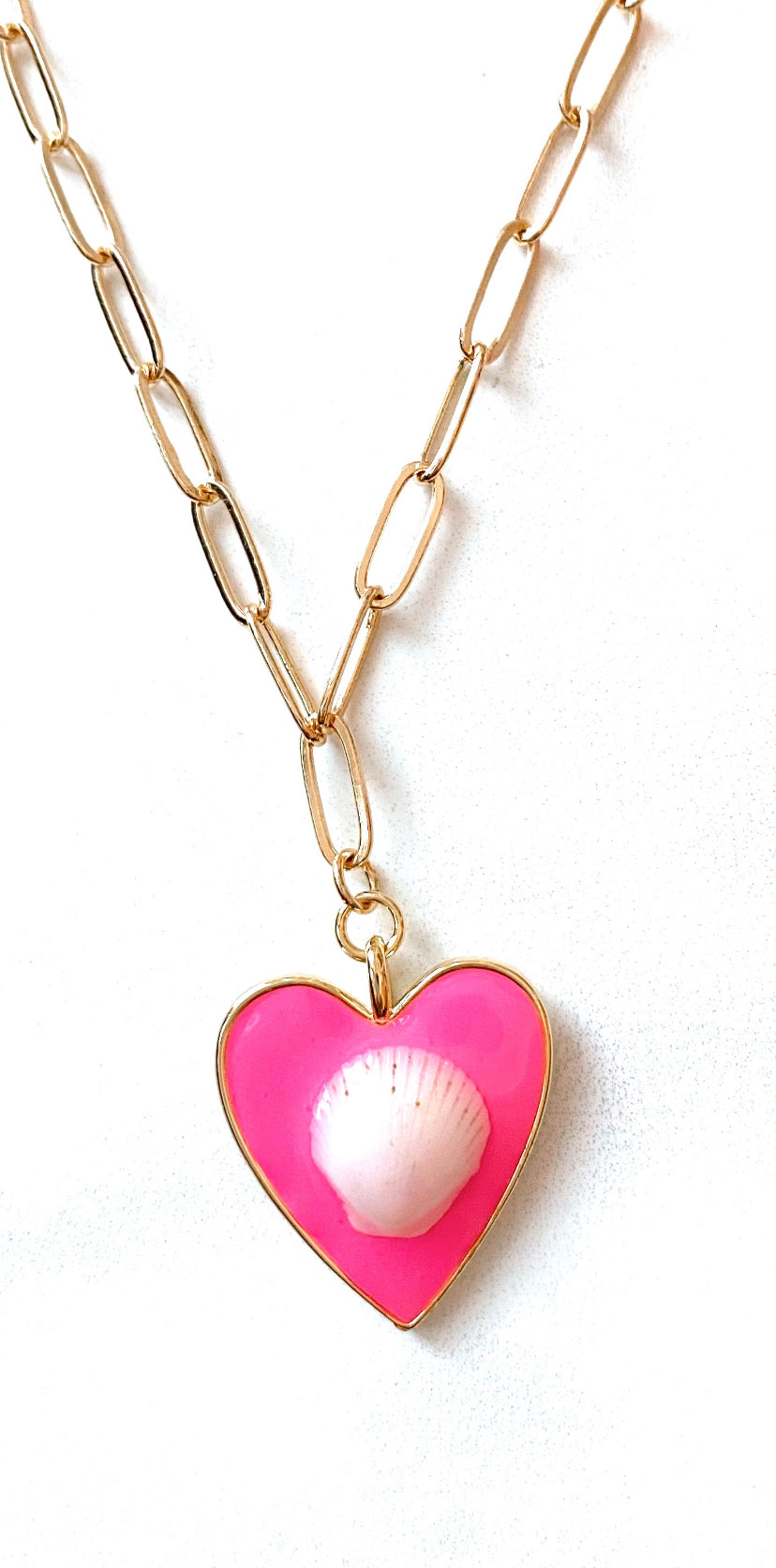 Hot Pink Heart Seashell Paperclip Necklace