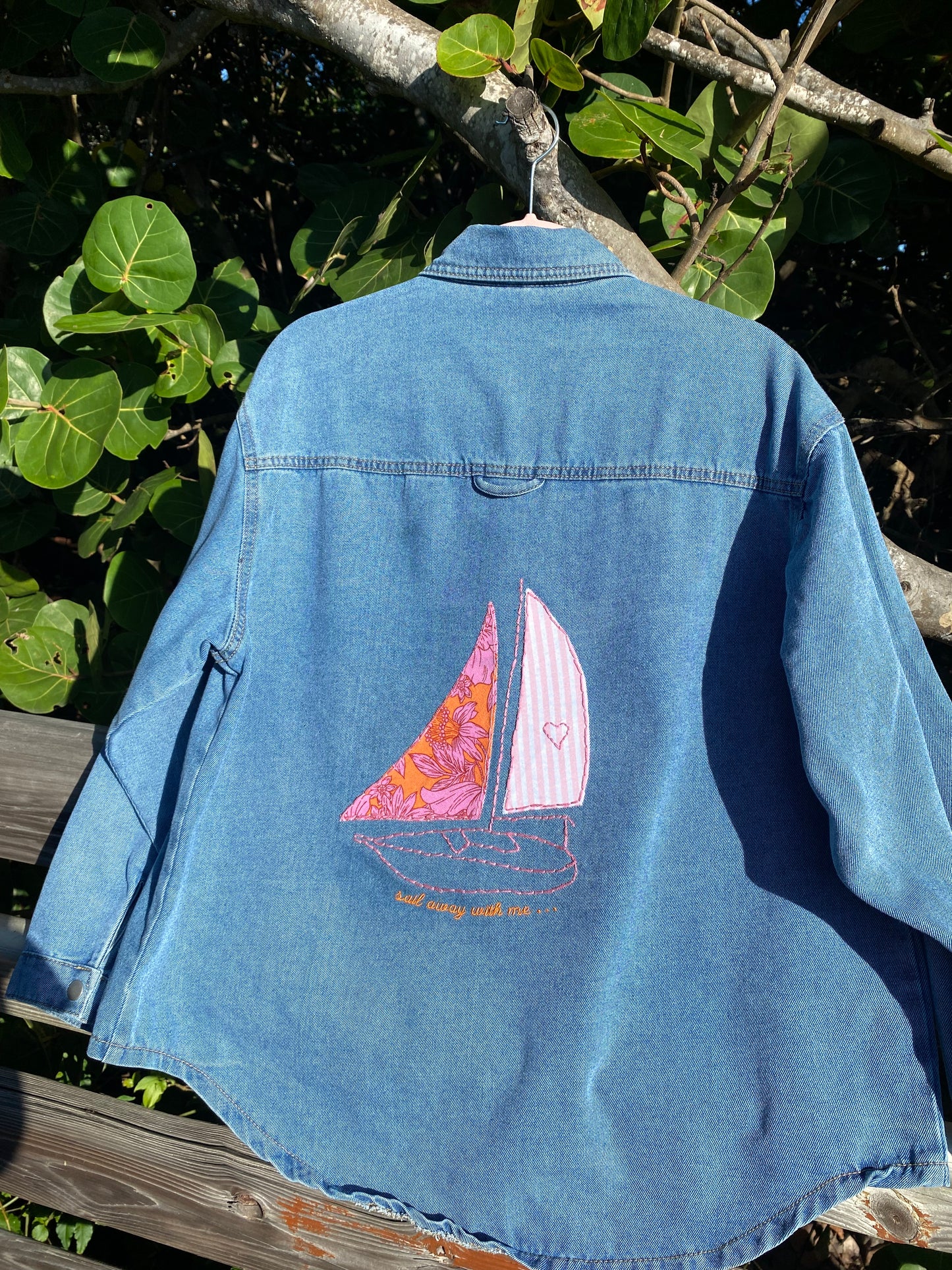 Hand Embroidered Sail Away With Me Denim Shacket | Coastal Boho Fashion