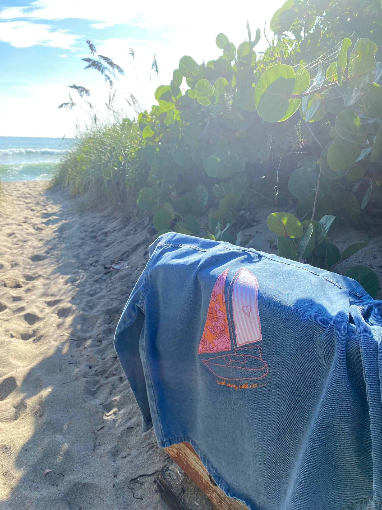 Hand Embroidered Sail Away With Me Denim Shacket | Coastal Boho Fashion