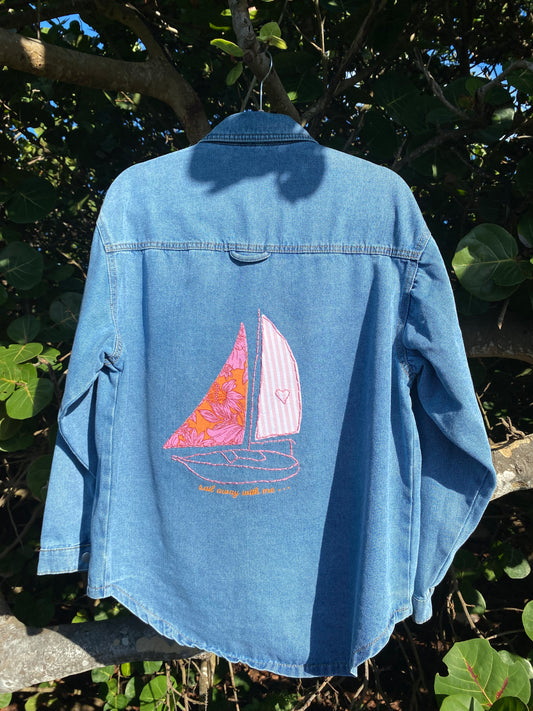 Hand Embroidered Sail Away With Me Denim Shacket | Coastal Boho Fashion